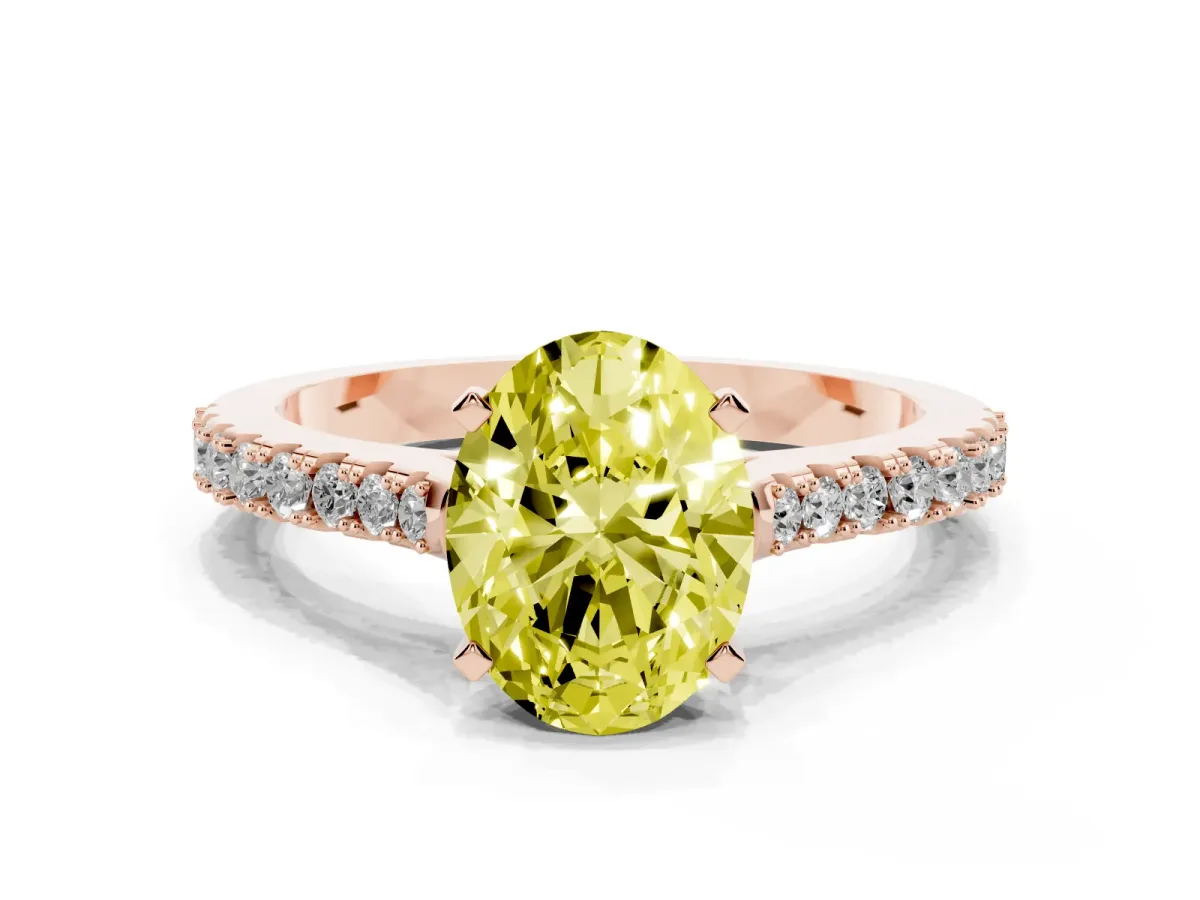 Fancy Yellow Oval Cut Cut Solitaire Diamond Engagement Ring with Pave Band and Four-Prong Setting Rose gold