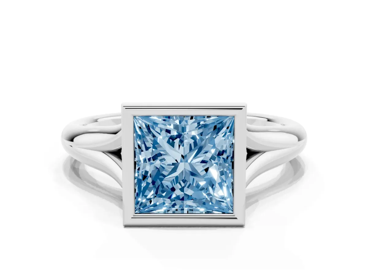 Fancy Blue Bezel Set Princess Cut Solitaire Diamond Ring with Smooth Band Silver
