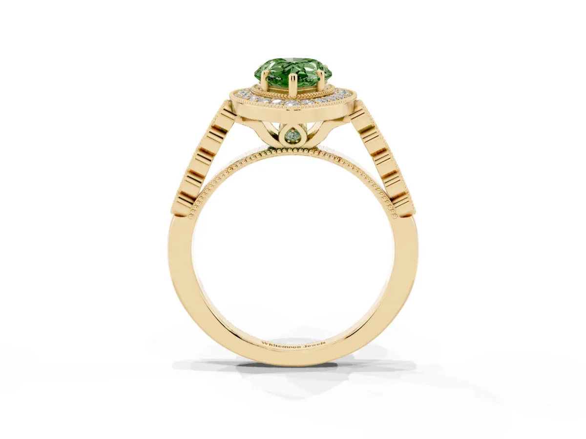 Fancy Green Pear Cut Halo Twist Band Solitaire Ring with Six-Prong Setting Yellow gold