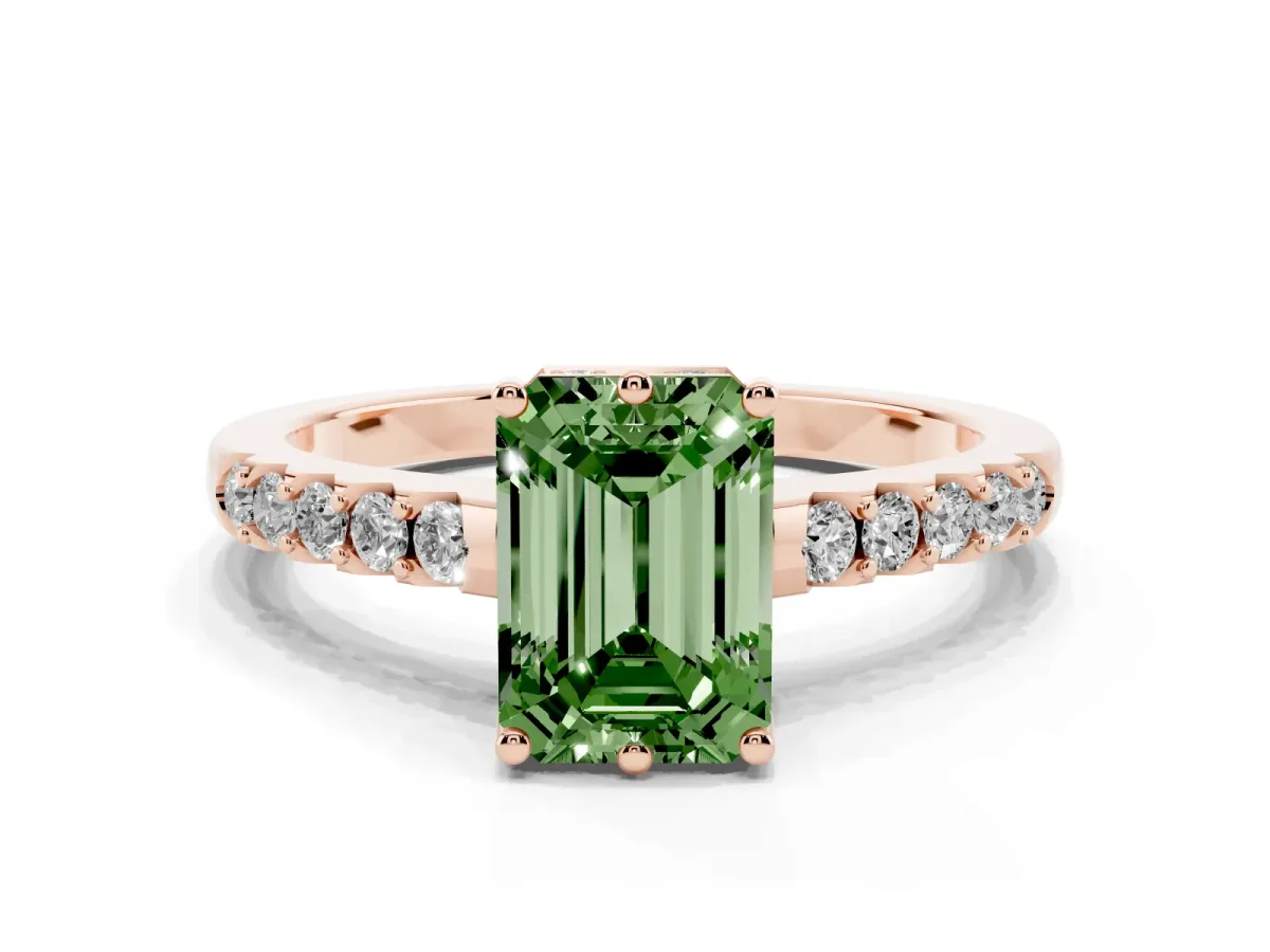 Fancy Green Emerald Cut Solitaire Diamond Engagement Ring with Pavé Band and Six-Prong Setting Rose gold