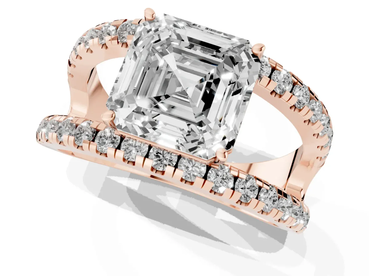 Asscher Cut Solitaire Split Shank Pave Diamond Ring Rose gold