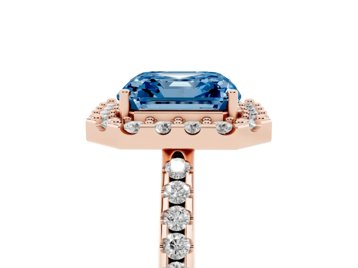Fancy Blue Asscher Cut Diamond Pavé Halo Ring with Four-Prong Setting Rose gold