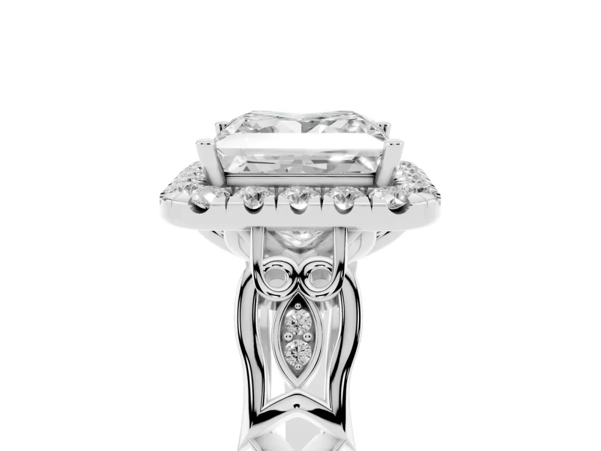 Princess Cut Halo Diamond Engagement Ring with Filigree Band and Four-Prong Setting Silver