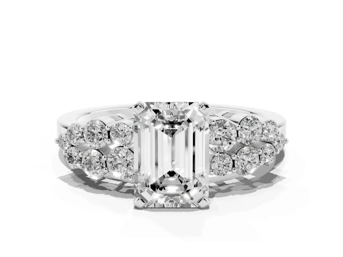 Emerald Cut Cluster Diamond Engagement Ring with Pavé Band and Four-Prong Setting Silver