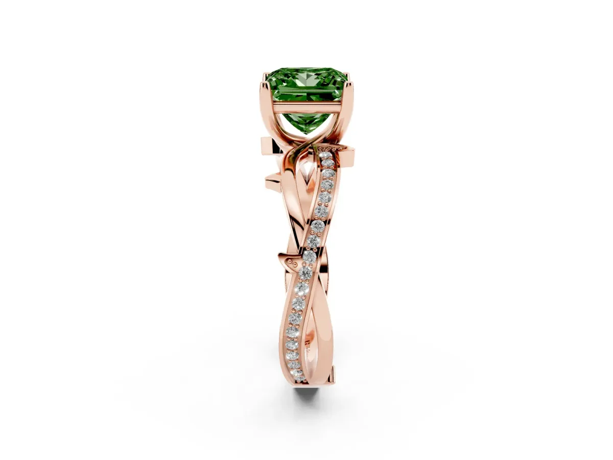 Fancy Green Princess Cut Solitaire Twist Band with Pavé Accents and Four-Prong Setting Rose gold