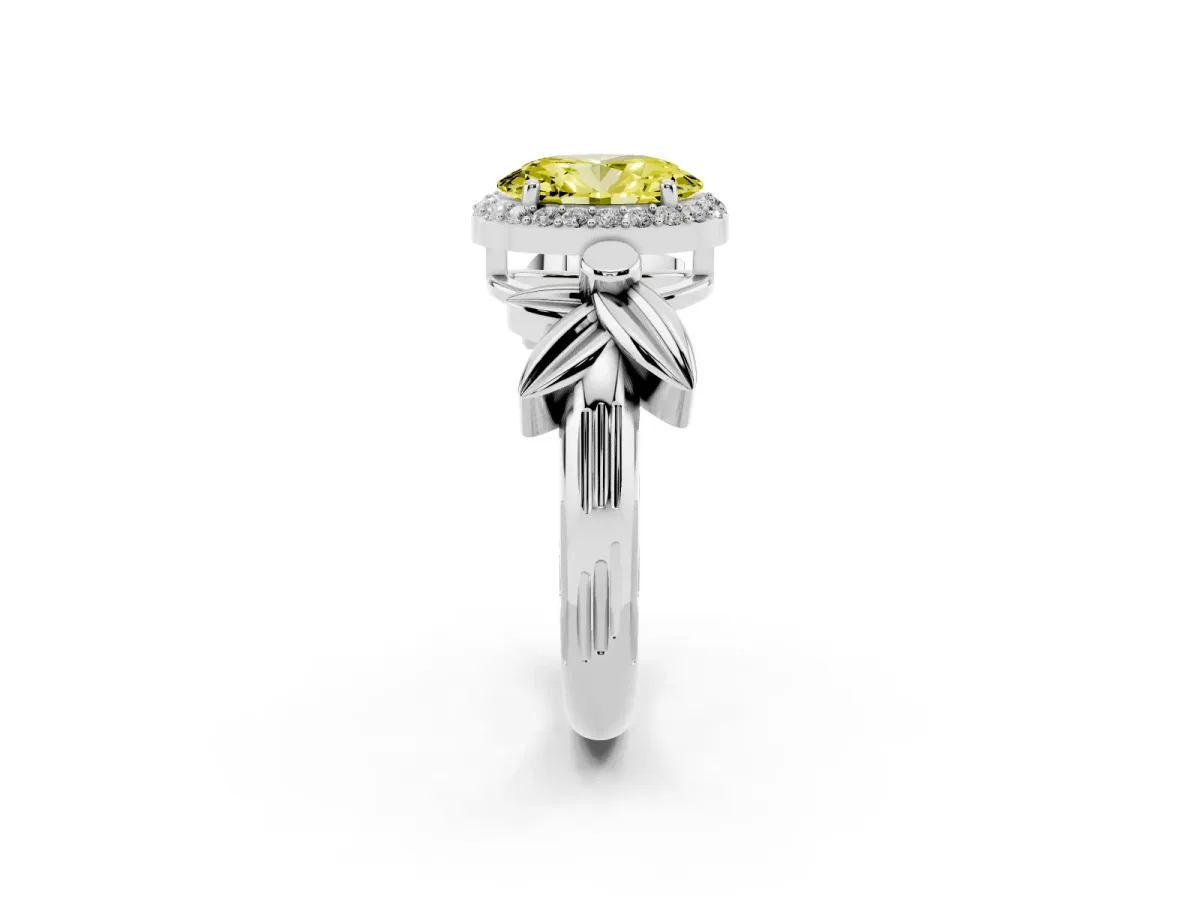 Fancy Yellow Oval Cut Halo Diamond Floral Band with Four-Prong Setting Silver