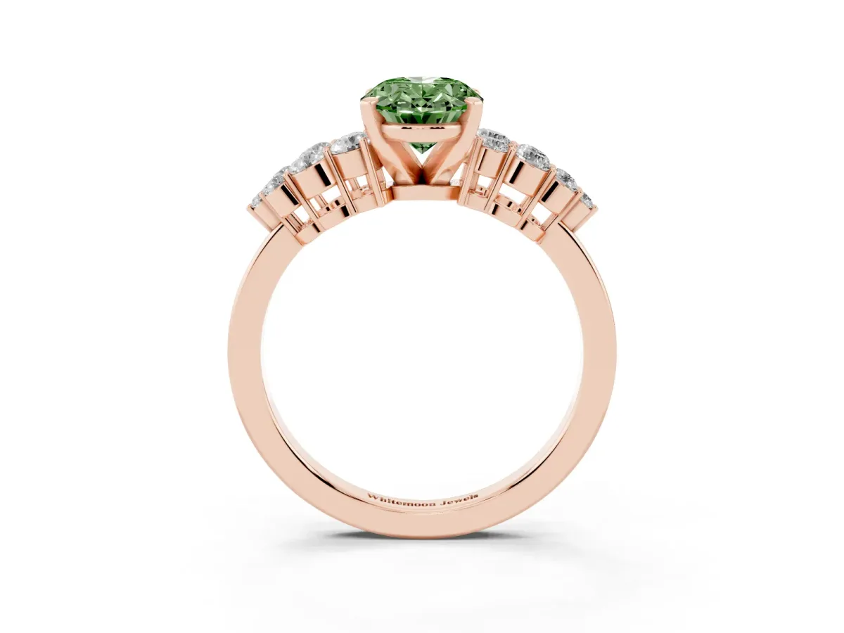 Fancy Green Oval Cut Cluster Diamond Engagement Ring with Pavé Band and Four-Prong Setting Rose gold