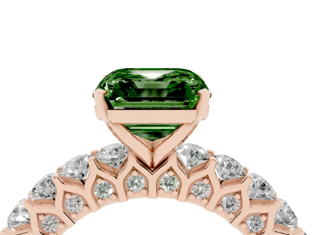 Fancy Green Asscher Cut Diamond Solitaire Ring with Shared Prong Pavé Band and Four-Prong Setting Rose gold