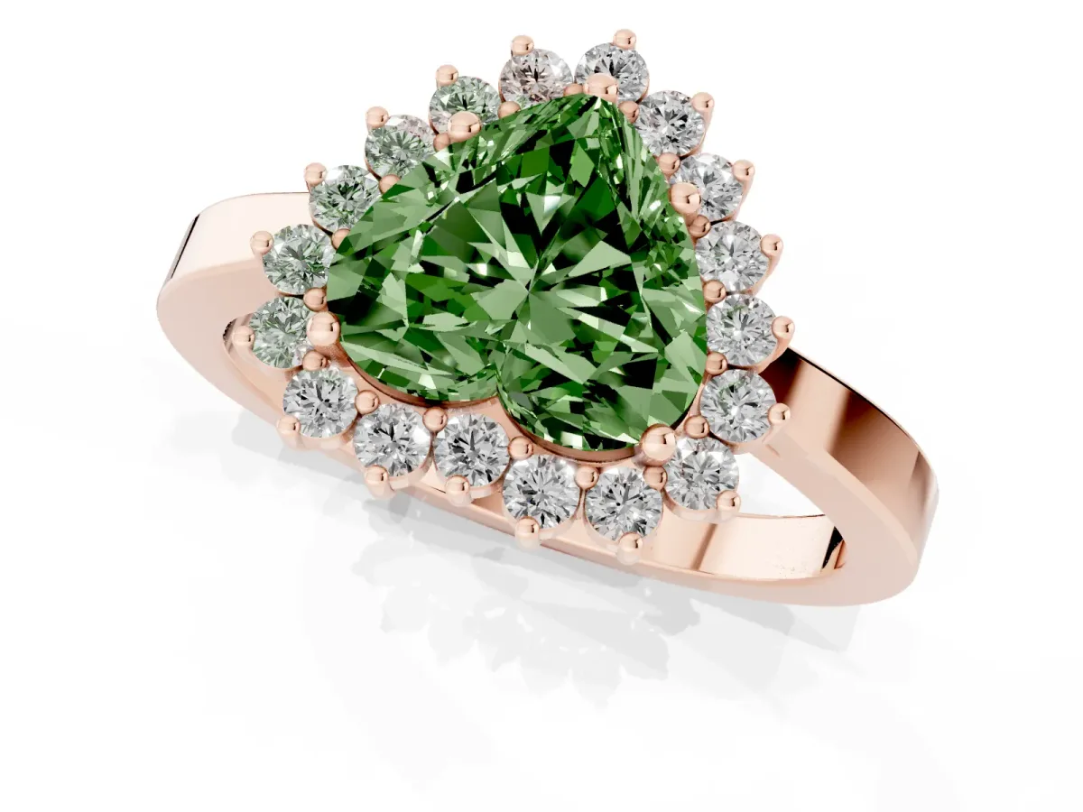 Fancy Green Heart Cut Cut Diamond Halo Ring with Round Brilliant Halo and Solitaire Band Rose gold
