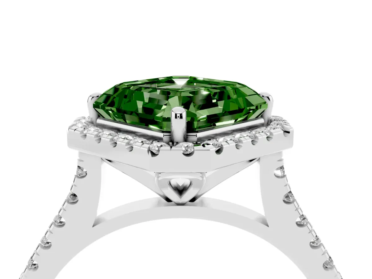 Fancy Green Asscher Cut Diamond Cushion Halo Ring with Pavé Band White gold