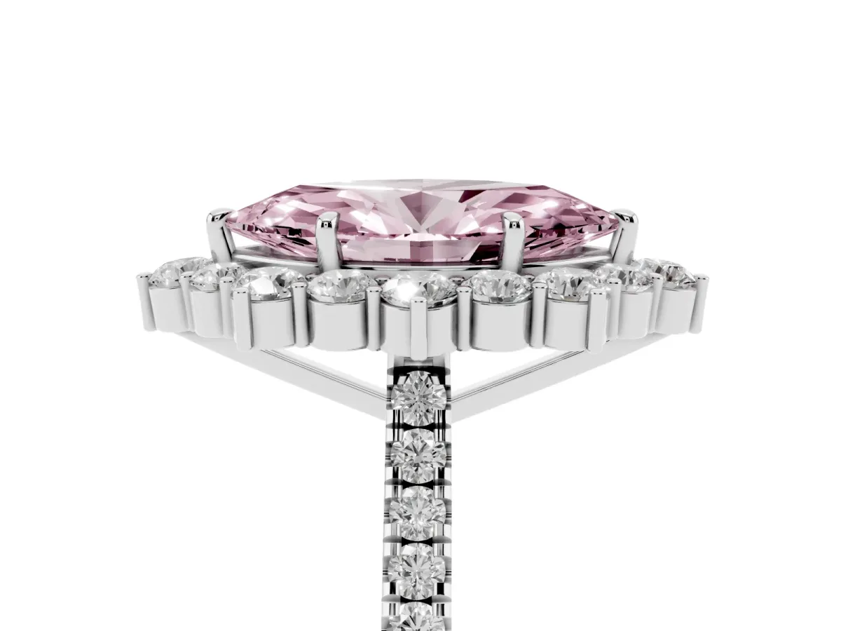Fancy Pink Marquise Cut Halo Diamond Ring with Pavé Band and Prong Setting Silver
