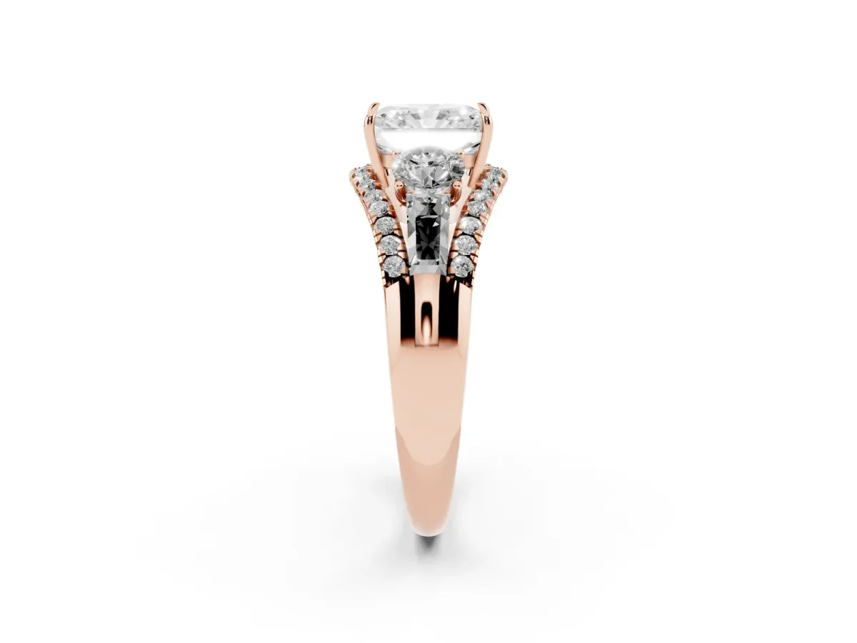 Three-Stone Radiant Cut Diamond Engagement Ring with Pave Band and Prong Setting Rose gold