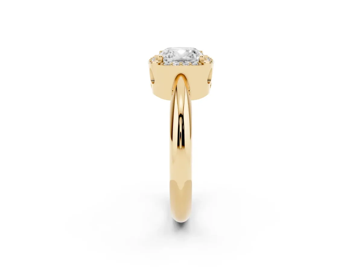 Cushion Cut Cut Diamond Halo Engagement Ring with Split Shank and Four-Prong Setting Yellow gold