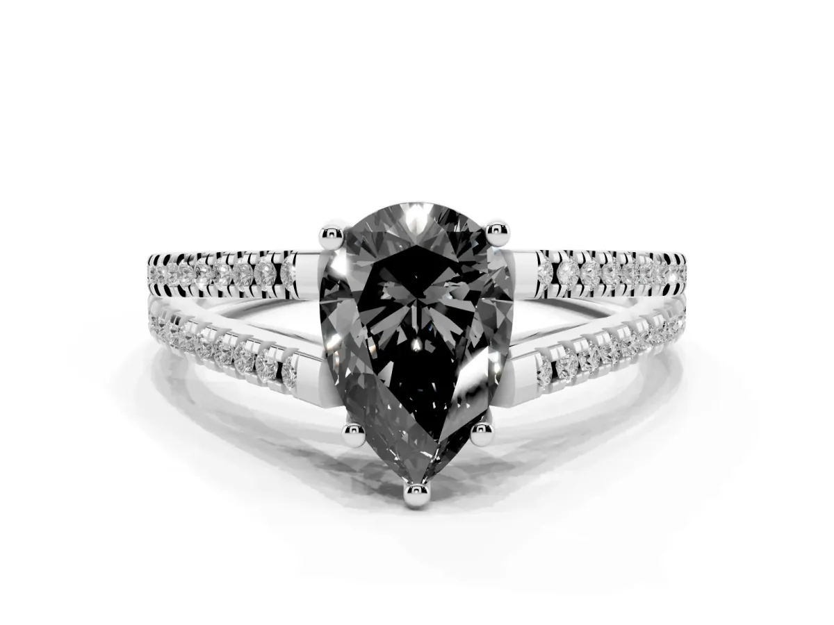 Fancy Black Pear Cut Diamond Solitaire Engagement Ring with Split Shank Pavé Band Platinum