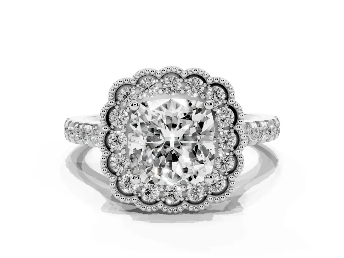 Cushion Cut Cut Diamond Milgrain Floral Halo Engagement Ring with Pavé Band White gold
