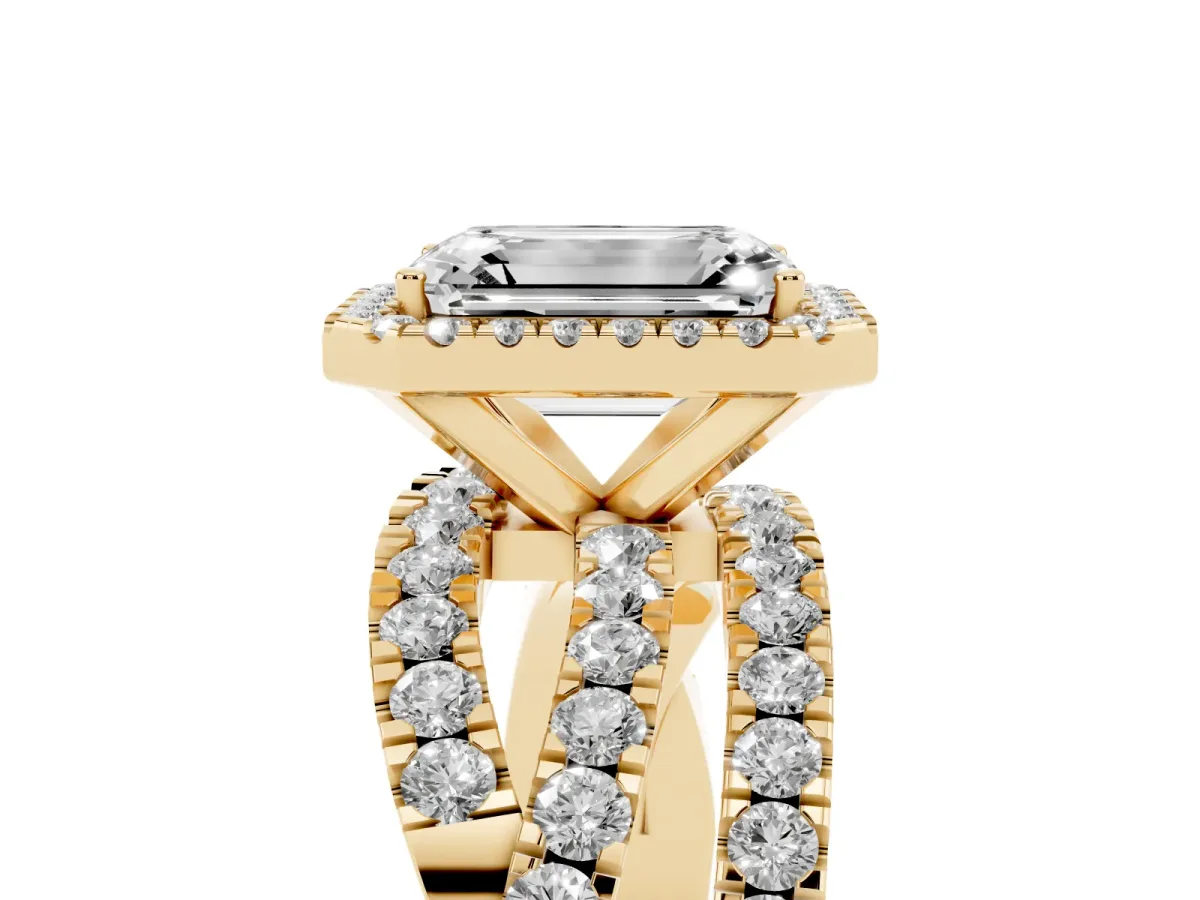 Emerald Cut Diamond Halo Ring with Round Split Shank and Prong Setting Yellow gold