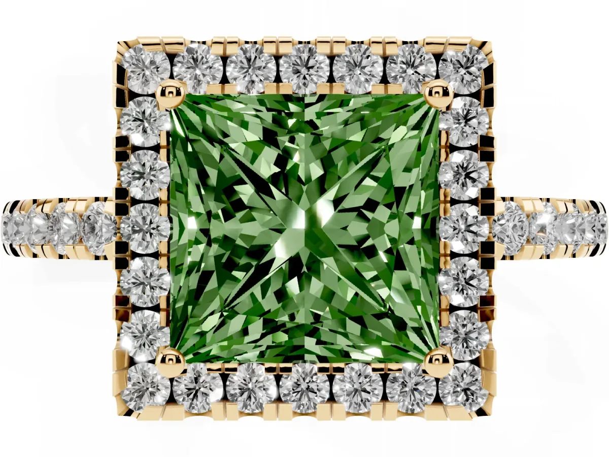Fancy Green Princess Cut Halo Diamond Engagement Ring with Pavé Band and Four-Prong Setting Yellow gold