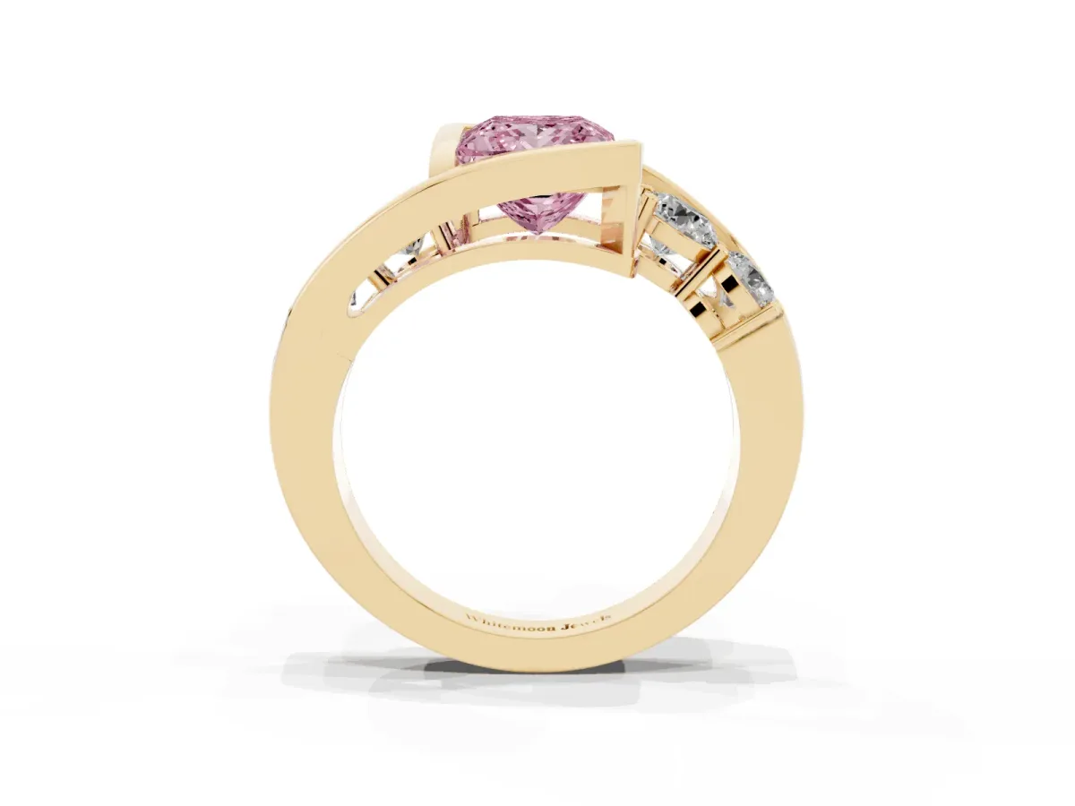 Fancy Pink Bezel Set Princess Cut Diamond Bypass Ring with Round Accents Yellow gold