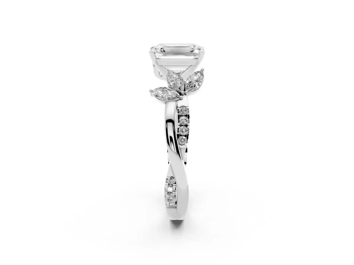 Emerald Cut Diamond Floral Vine Solitaire Engagement Ring Silver