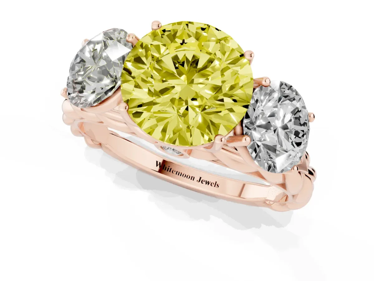 Fancy Yellow Three-Stone Round Cut Diamond Braided Band Ring with Four-Prong Setting Rose gold