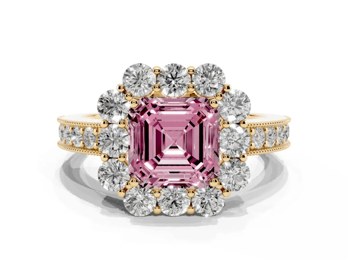 Fancy Pink Asscher Cut Cut Halo Diamond Pavé Engagement Ring with Milgrain Detailing Yellow gold