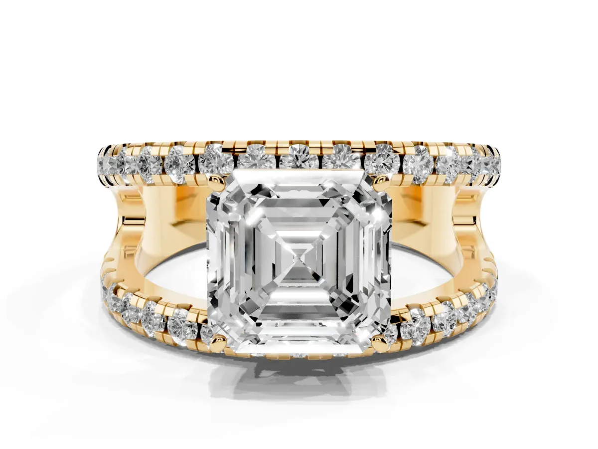 Asscher Cut Solitaire Split Shank Pave Diamond Ring Yellow gold