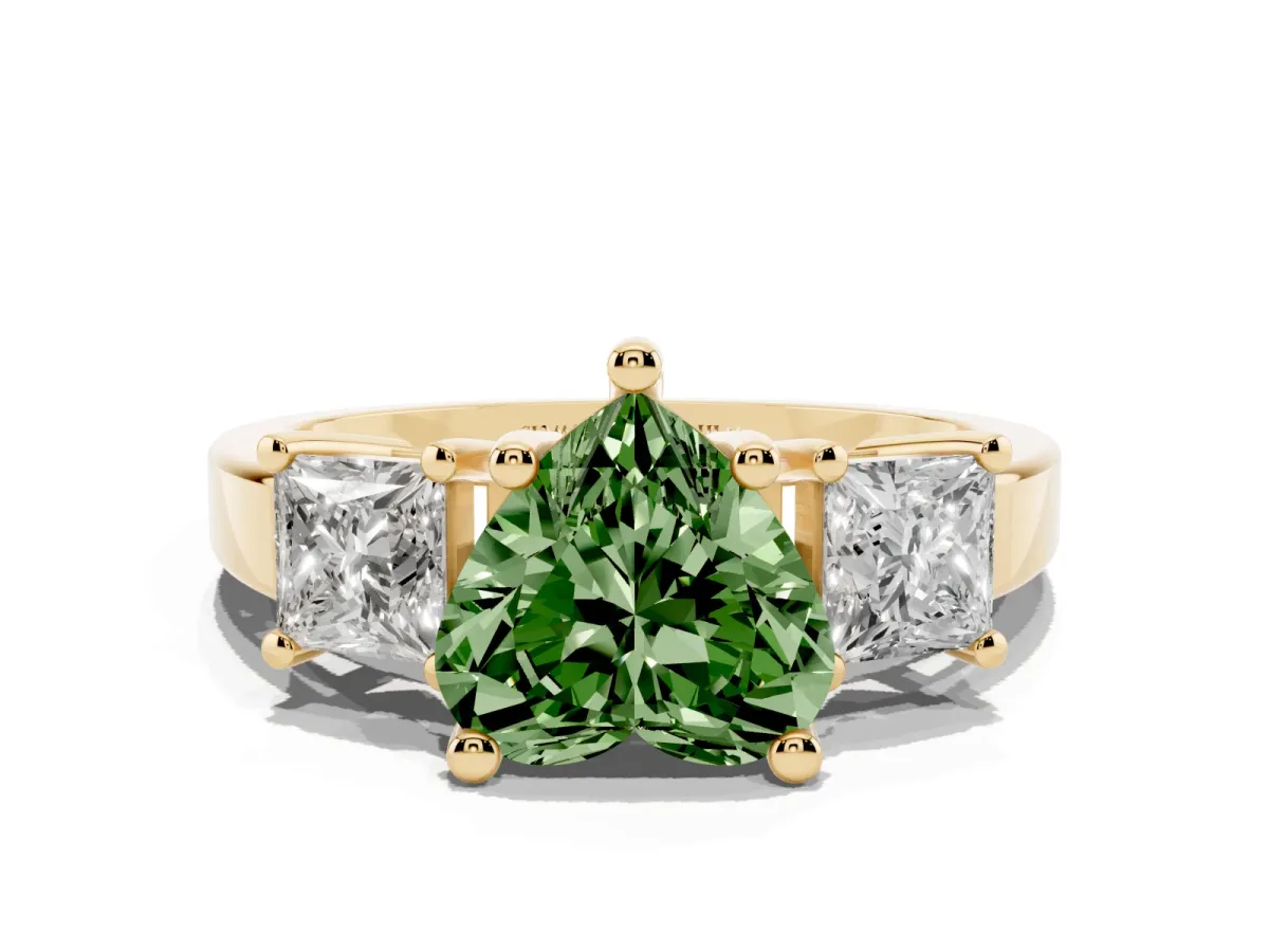 Fancy Green Three-Stone Heart Cut Cut Solitaire Ring with Prong Setting Yellow gold