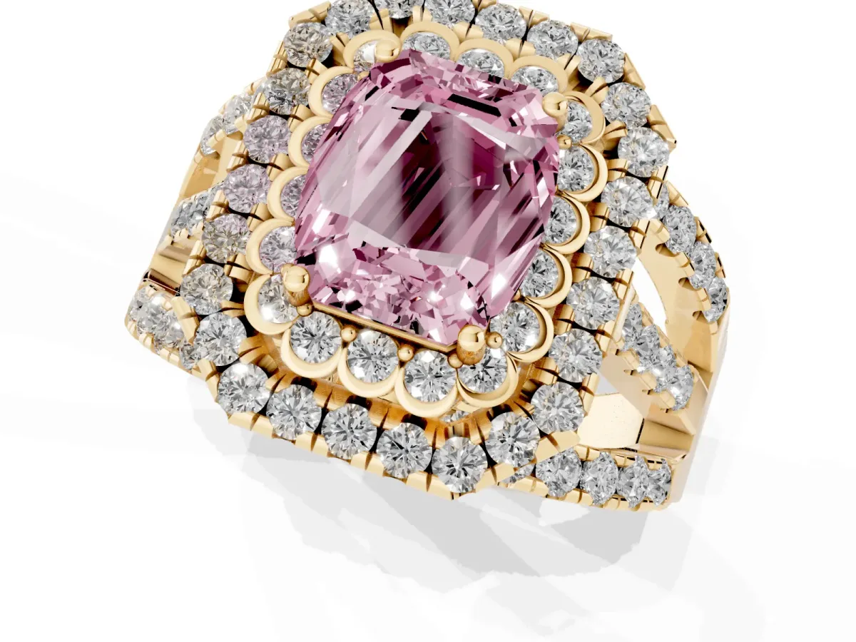 Fancy Pink Emerald Cut Diamond Double Halo Ring with Round Pavé Split Shank and Prong Setting Yellow gold