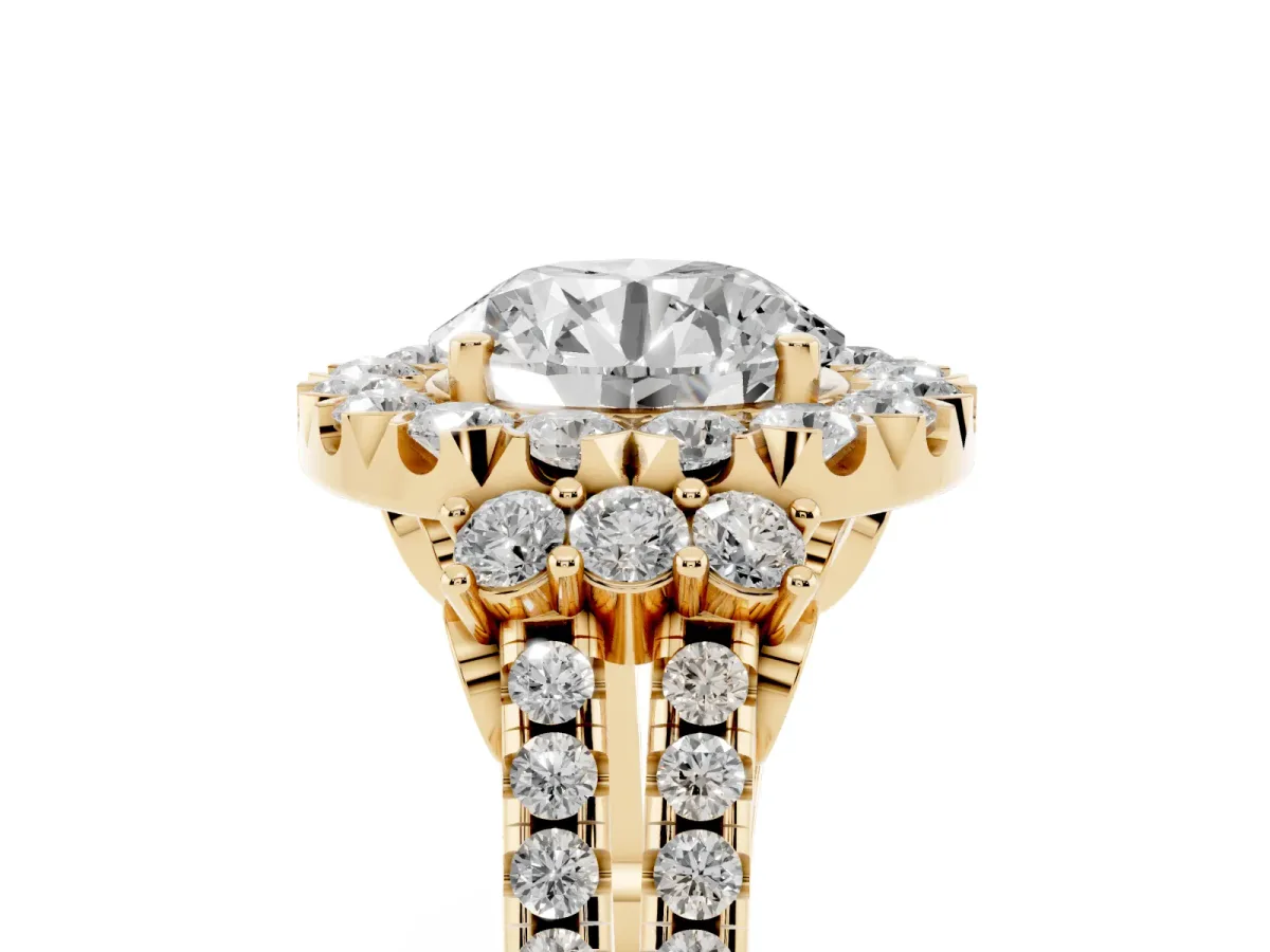 Round Cut Cut Double Halo Diamond Engagement Ring with Pave Band and Four-Prong Setting Yellow gold