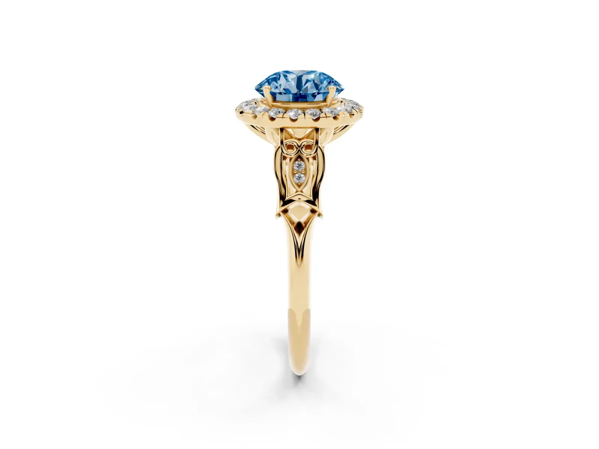 Fancy Blue Round Cut Halo Diamond Engagement Ring with Filigree Band and Four-Prong Setting Yellow gold