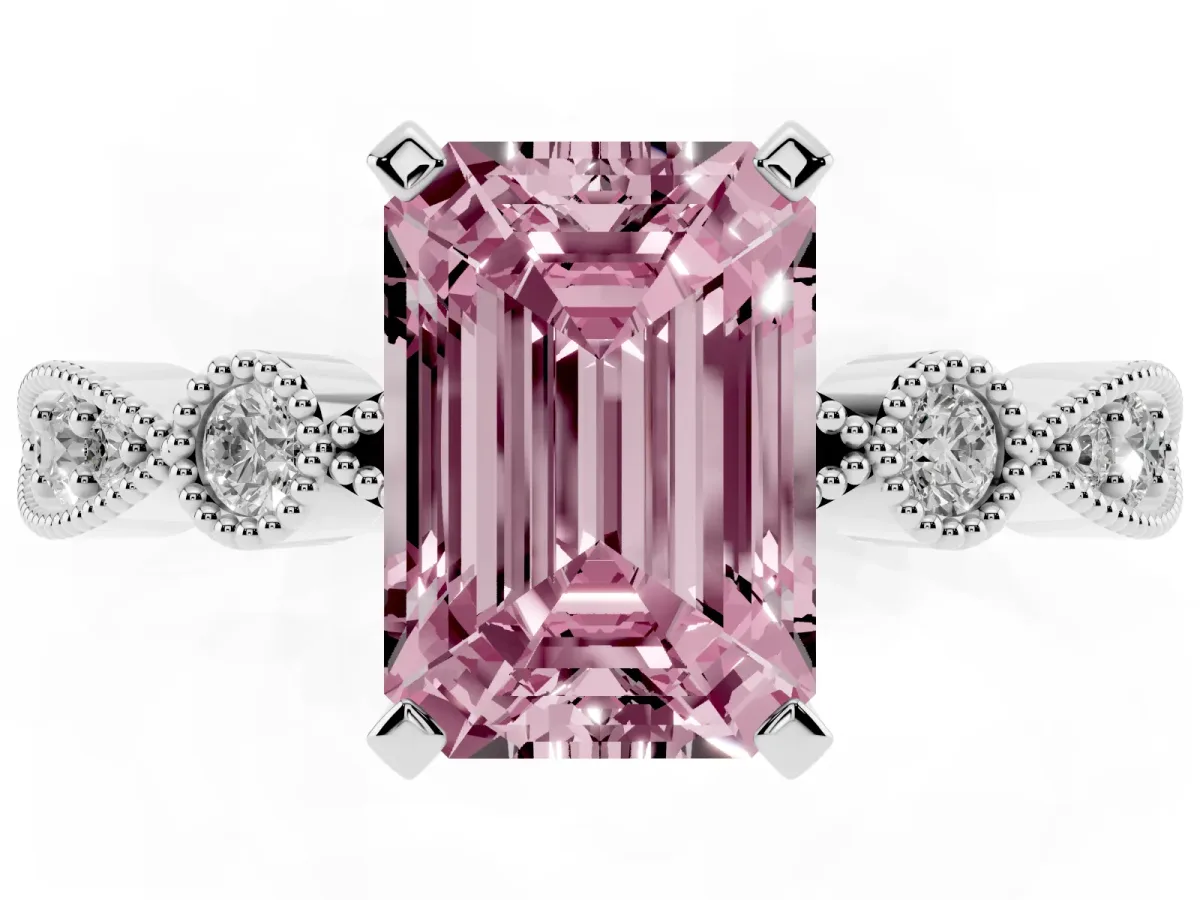Fancy Pink Emerald Cut Milgrain Bezel Diamond Engagement Ring with Solitaire Prong Setting Silver