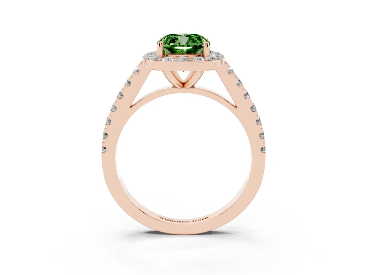 Fancy Green Cushion Cut Diamond Halo Ring with Round Pavé Split Shank and Prong Setting Rose gold