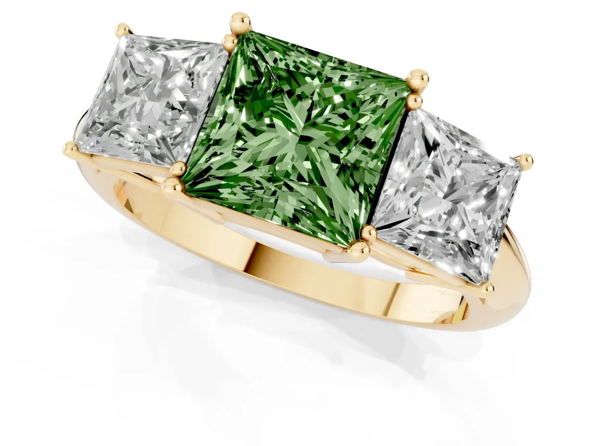 Fancy Green Three-Stone Princess Cut Cut Diamond Engagement Ring with Prong Setting on a White Gold Band Yellow gold