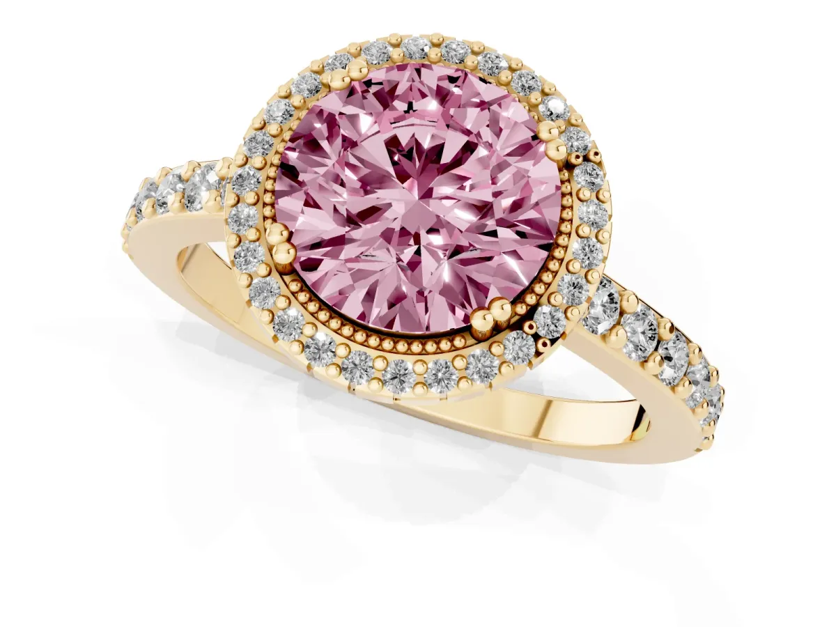 Fancy Pink Round Cut Cut Diamond Halo Engagement Ring with Milgrain Detail and Pavé Band Yellow gold