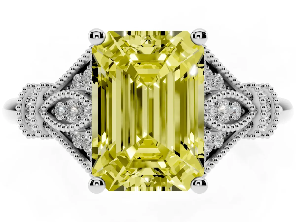 Fancy Yellow Emerald Cut Diamond Solitaire Ring with Floral Filigree and Pave Accents Platinum