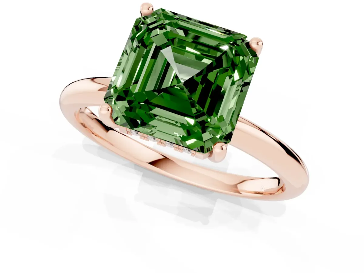 Fancy Green Asscher Cut Cut Solitaire Engagement Ring with Four-Prong Setting and Classic Band Rose gold