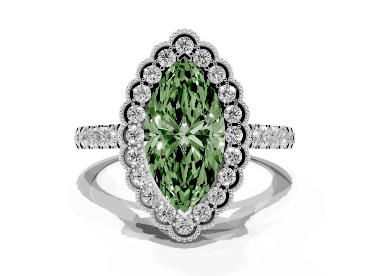 Fancy Green Marquise Cut Cut Diamond Milgrain Floral Halo Engagement Ring with Pavé Band White gold