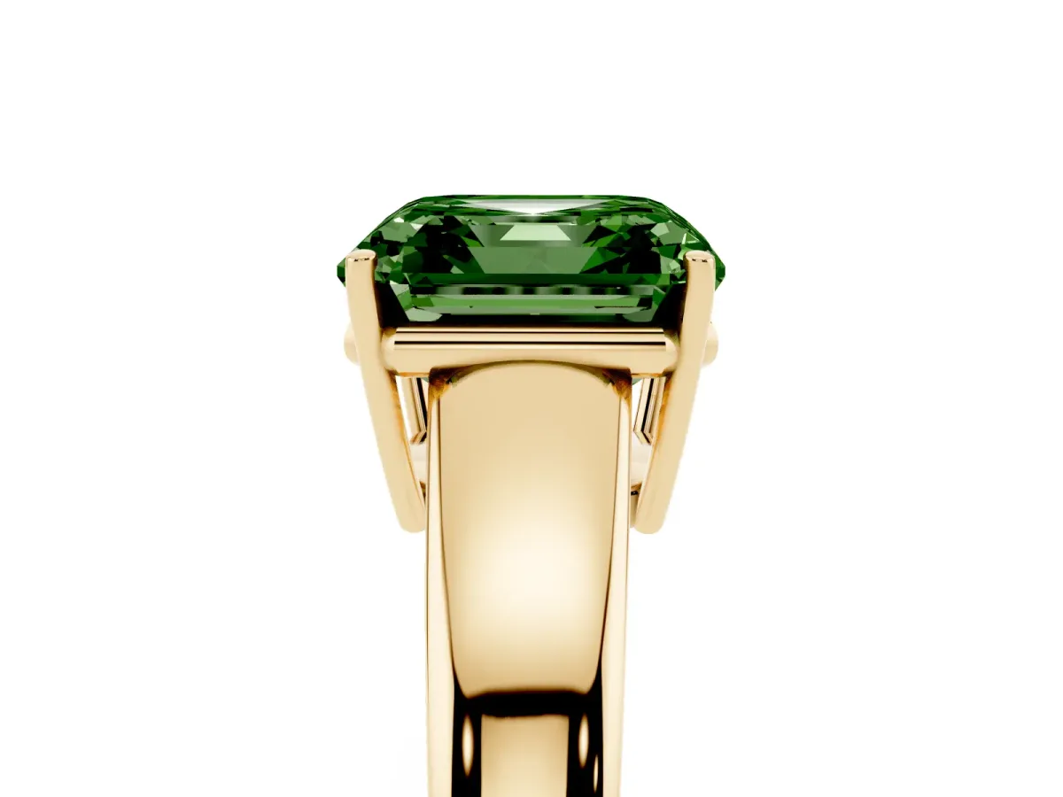 Fancy Green Asscher Cut Solitaire Diamond Ring with Tapered Band and Four-Prong Setting Yellow gold