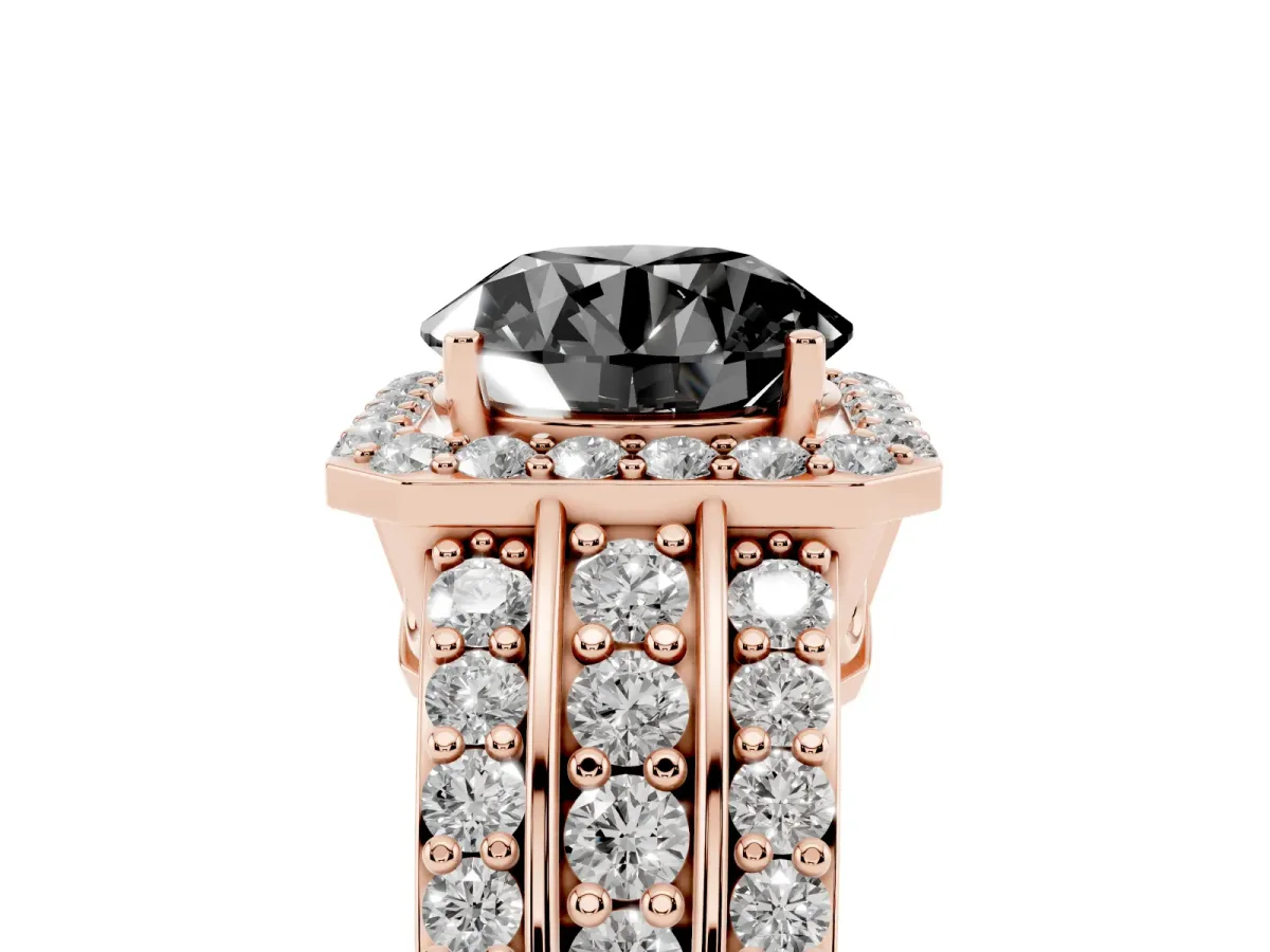 Fancy Black Round Cut Halo Diamond Ring with Round Split Shank and Prong Setting Rose gold