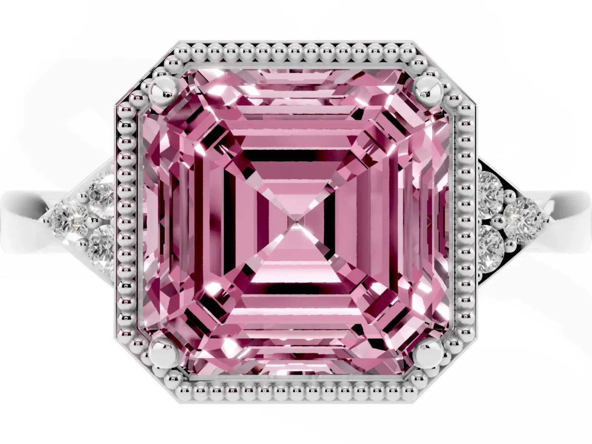 Fancy Pink Milgrain Asscher Cut Cut Diamond Ring with Tapered Pave Band and Four Prong Setting White gold