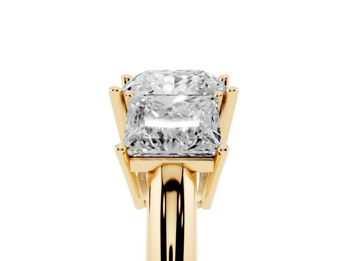 Three-Stone Princess Cut Cut Diamond Engagement Ring with Prong Setting on a White Gold Band Yellow gold