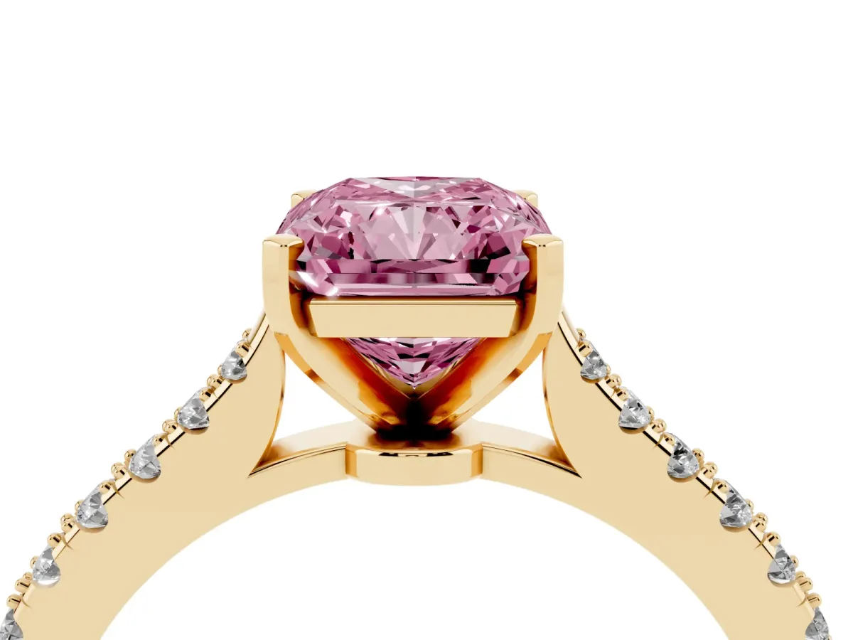 Fancy Pink Radiant Cut Cut Solitaire Diamond Engagement Ring with Pave Band and Four-Prong Setting Yellow gold
