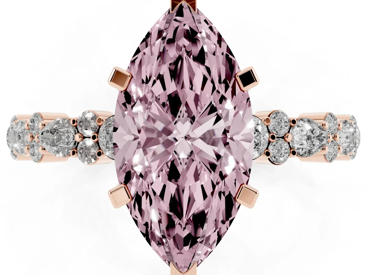 Fancy Pink Marquise Cut Diamond Side Stone Solitaire Ring with Round and Four-Prong Setting Rose gold
