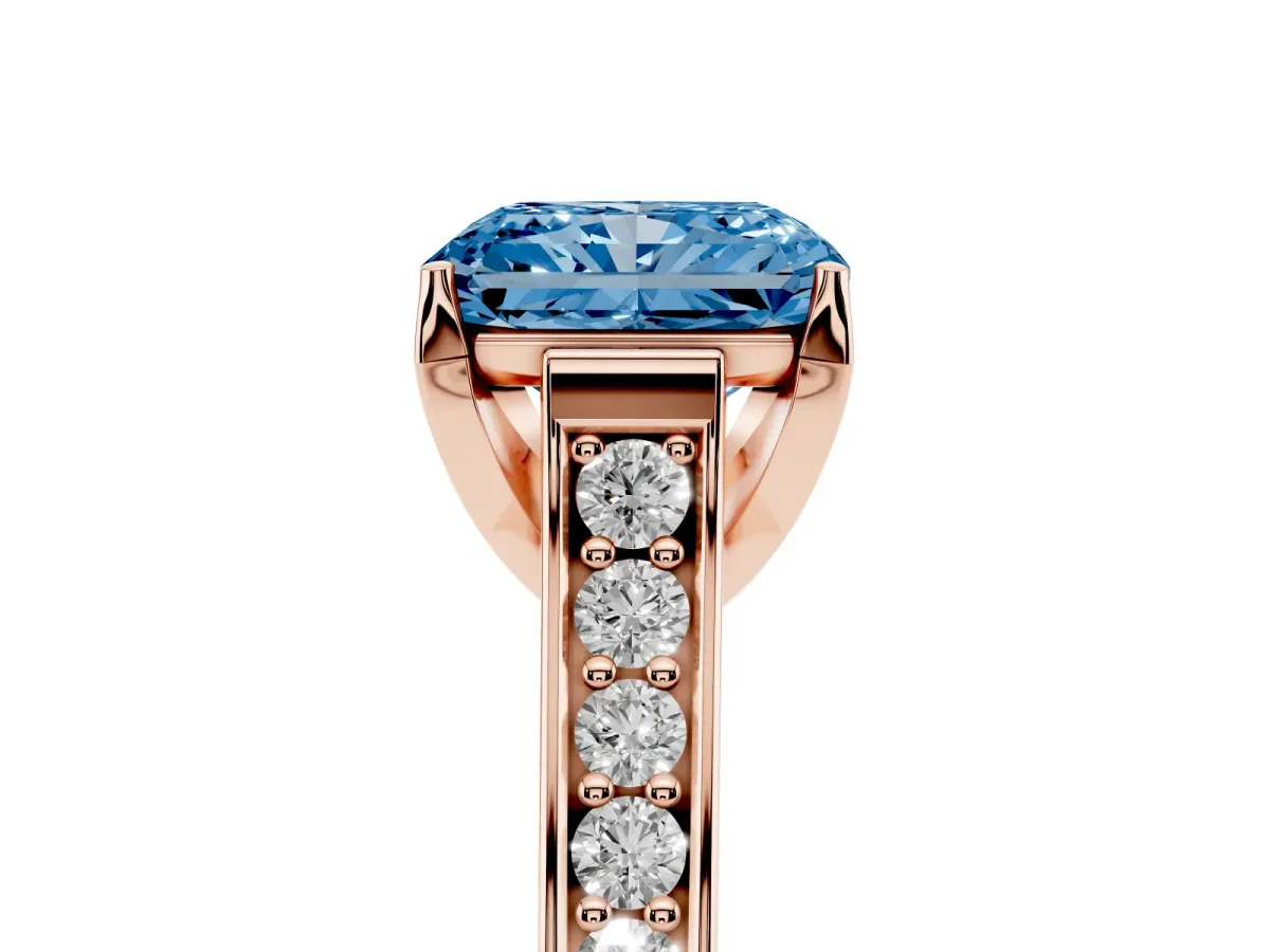 Fancy Blue Radiant Cut Brilliant Cut Diamond Engagement Ring with Pavé Band and Four-Prong Setting Rose gold