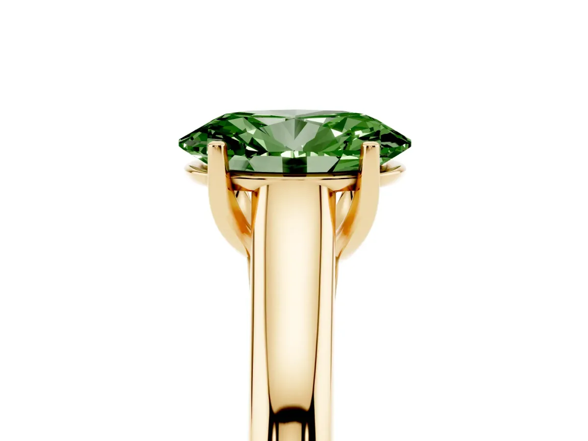 Fancy Green Oval Cut Solitaire Engagement Ring with Tapered Band and Four-Prong Setting Yellow gold