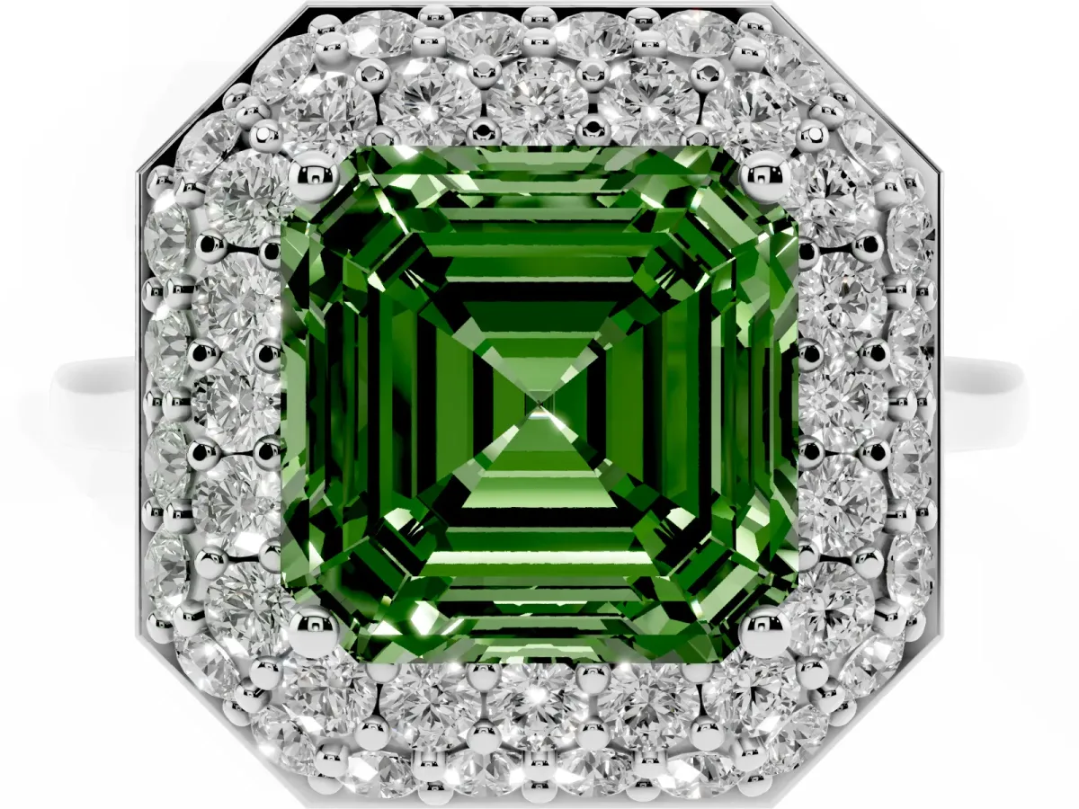 Fancy Green Asscher Cut Halo Diamond Engagement Ring with Solitaire Band and Four-Prong Setting Silver