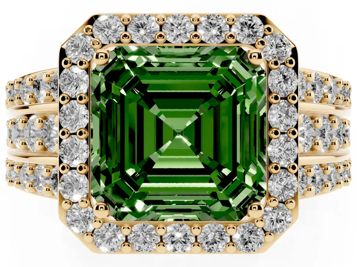 Fancy Green Asscher Cut Halo Diamond Ring with Round Split Shank and Prong Setting Yellow gold