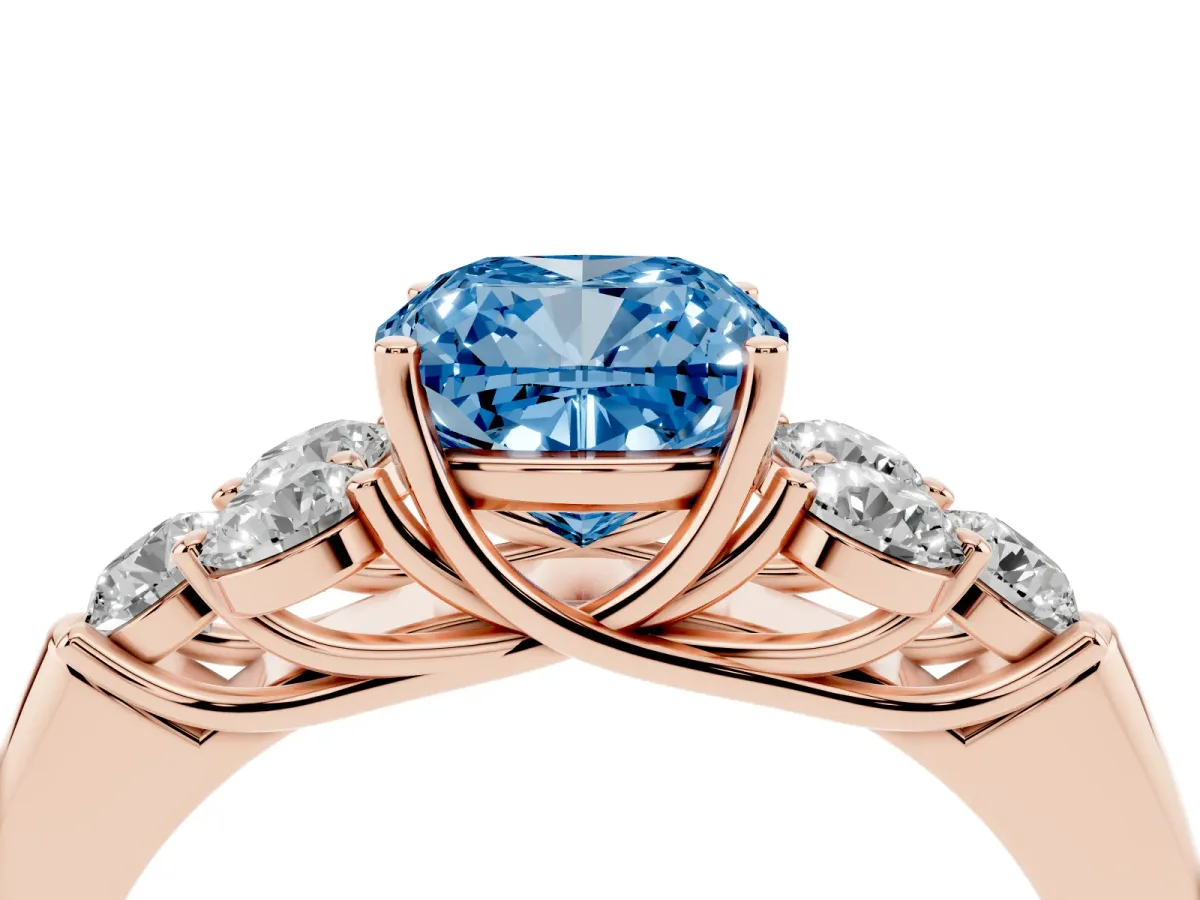 Fancy Blue Cushion Cut Cut Diamond Cluster Ring with Round Accent Stones and Prong Setting on a Classic Band Rose gold