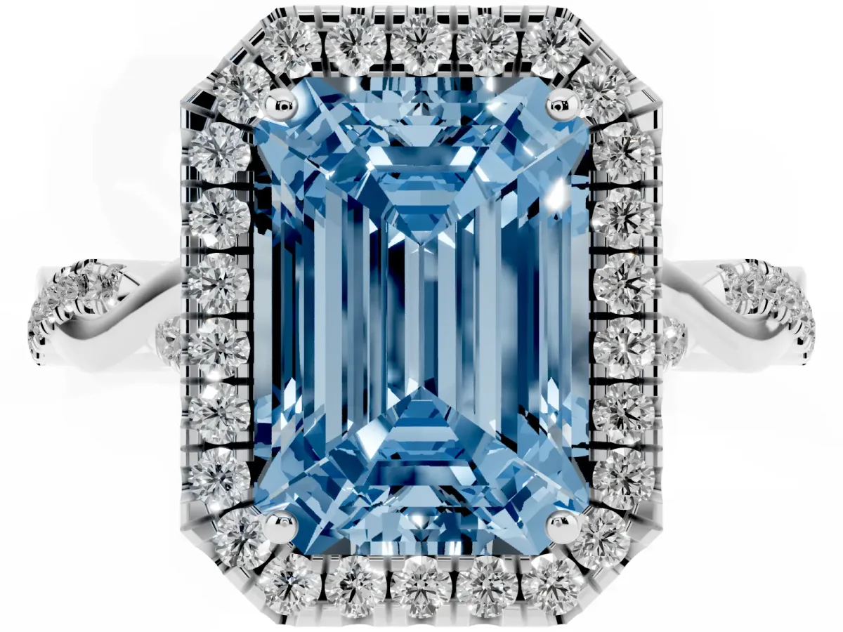 Fancy Blue Emerald Cut Halo Twist Band Solitaire Ring Silver