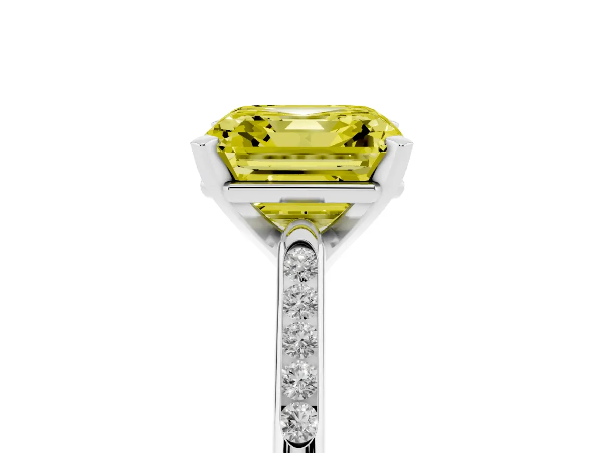 Fancy Yellow Asscher Cut Diamond Solitaire Ring with Channel Set Round Band and Prong Setting Silver